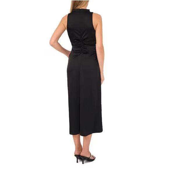 CeCe Black Satin Mock Neck Sleeveless Drape Ruched Sheath Midi Dress Size 10 - Picture 4 of 11